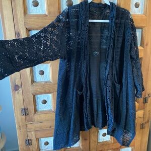 Johnny Was Black Lace Crochet Women's Open Front Cardigan XL